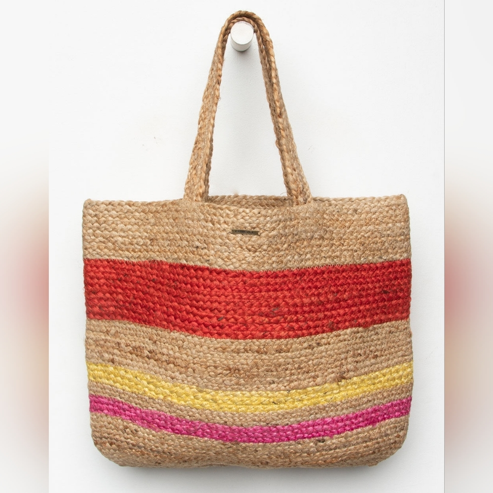 O'Neill Large Oz beach bag woven striped jute natural NWOT Red Yellow Pink Tan